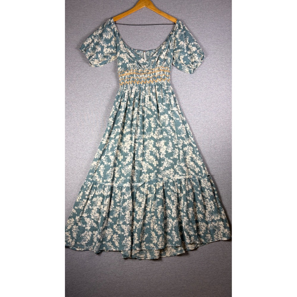 Free People Ellie Printed Maxi Dress Womens XS Teal Floral Smocked Puff Sleeve